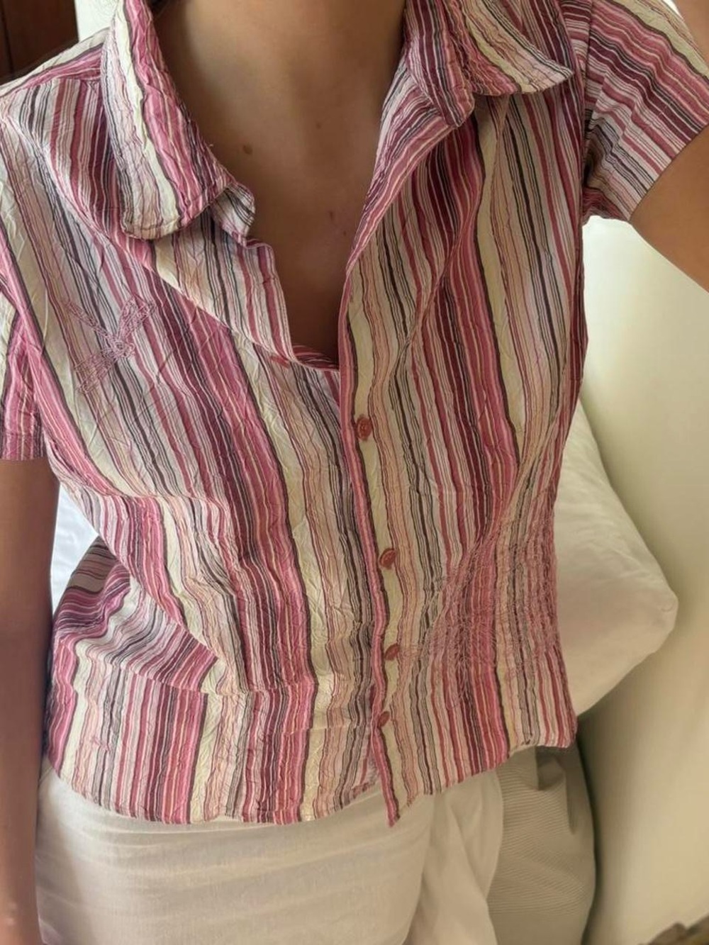 Striped Pink Short-Sleeve Button-Up Top 90's y2k